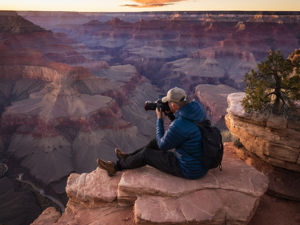 A landscape photographer using a Canon RF 14mm f/1.4L USM lens to capture a breathtaking sunrise over the Grand Canyon.
