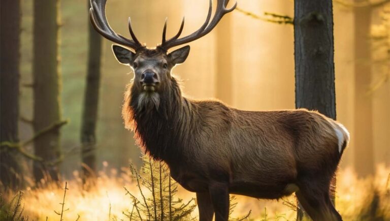 A majestic red deer stag standing proudly in a lush green forest, its antlers silhouetted against the golden sunlight
