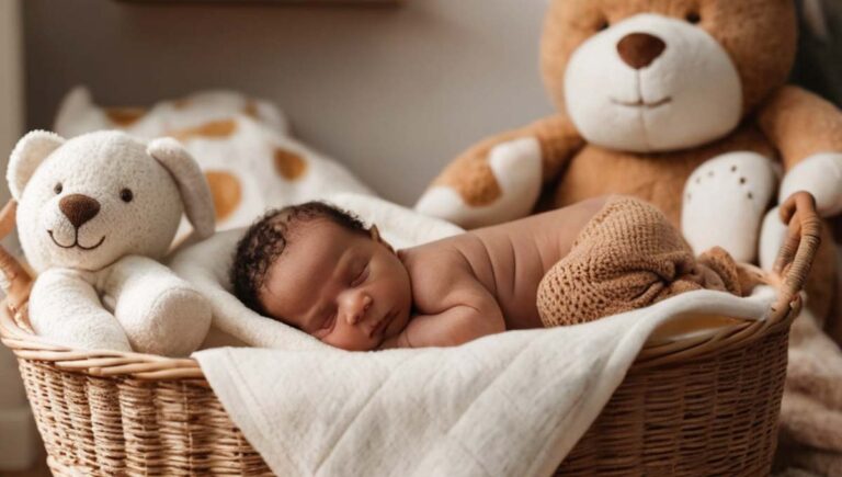 newborn photography - a warm and cozy nursery with a newborn baby sleeping peacefully in a basket, surrounded by soft blankets and stuffed animals - camera link